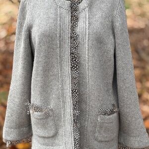 Oscar de la Renta Gray Cashmere with Feather Detail
